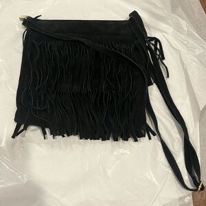 Vintage 100% Suede Leather Black Fringe Crossbody